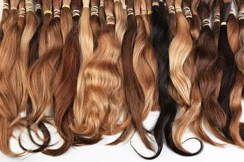 Various shades of brown hair extensions arranged in rows on a white background.